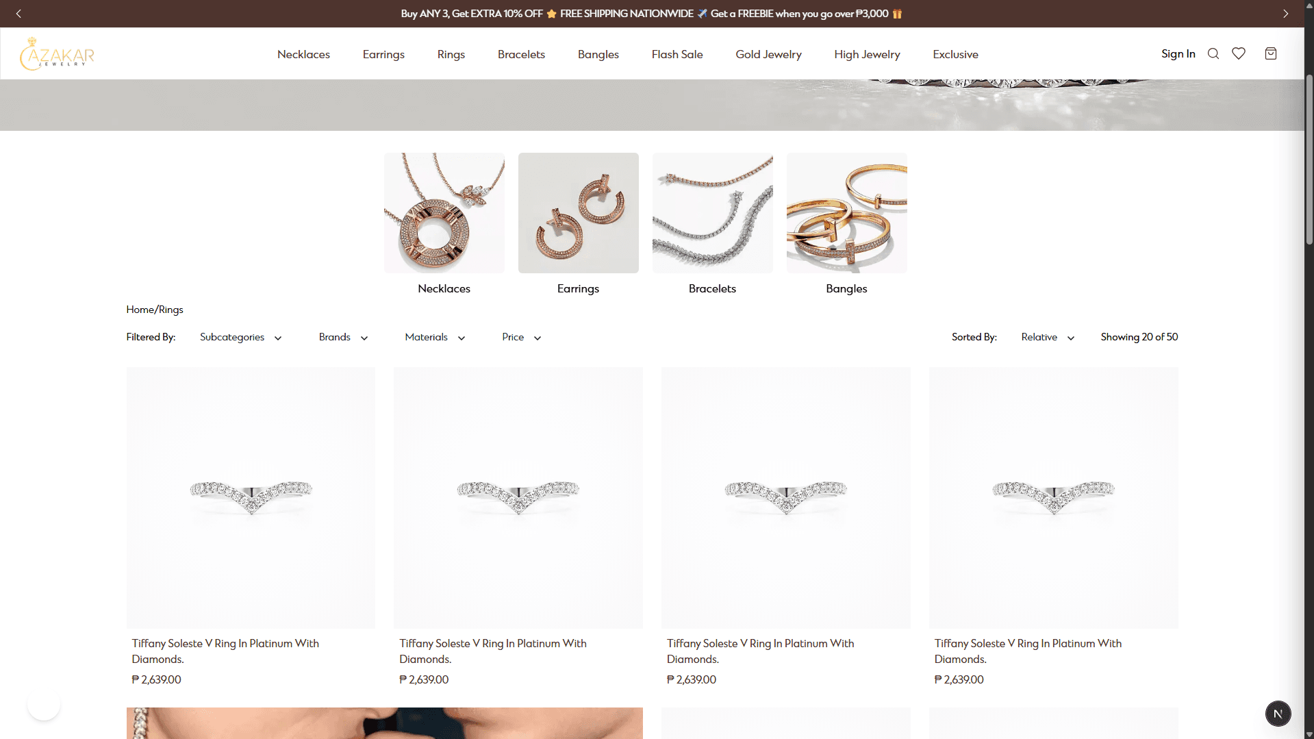 Azakar Jewelry product listing page